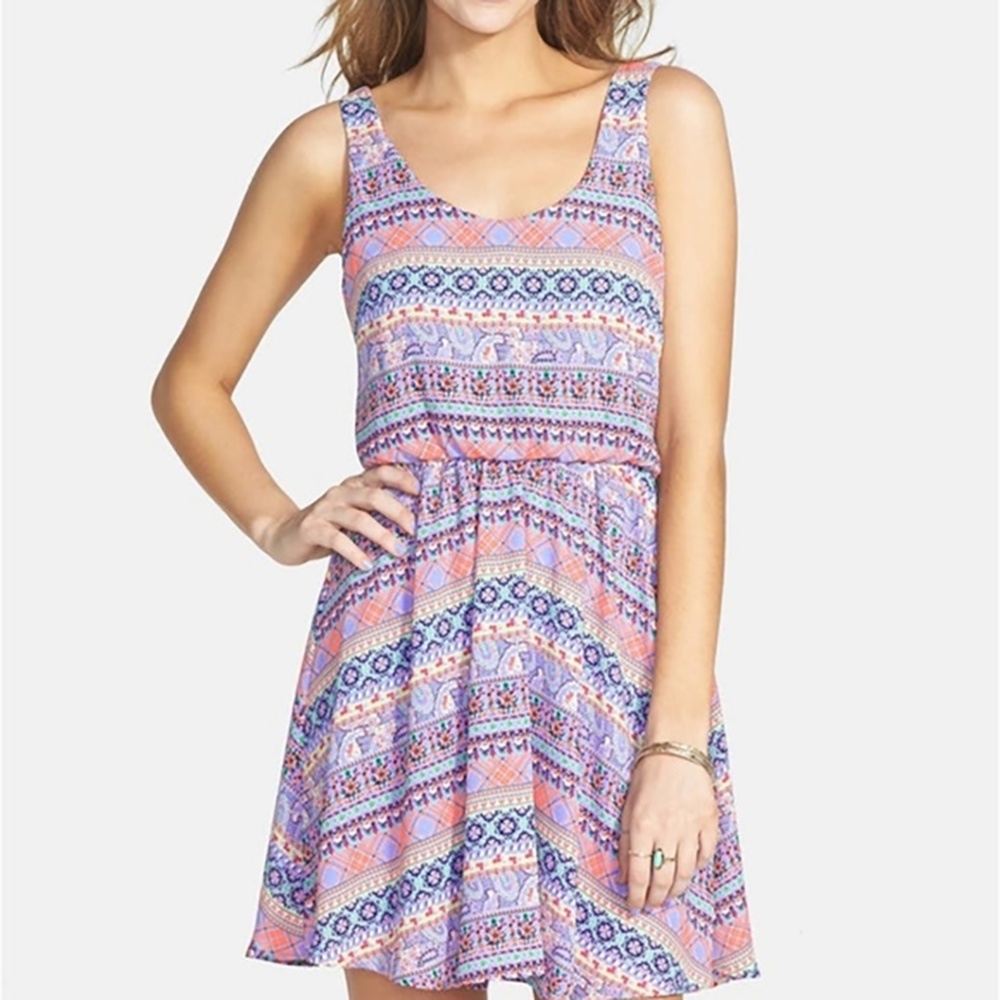 Nordstrom Lush Lavendar Floral Geo Print Cross Back Skater Dress, Size Small
